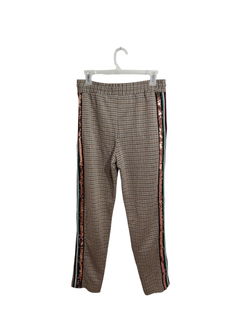 Maeve Brown Plaid Straight-Leg Pants with Rose Gold Sequin Side Stripes